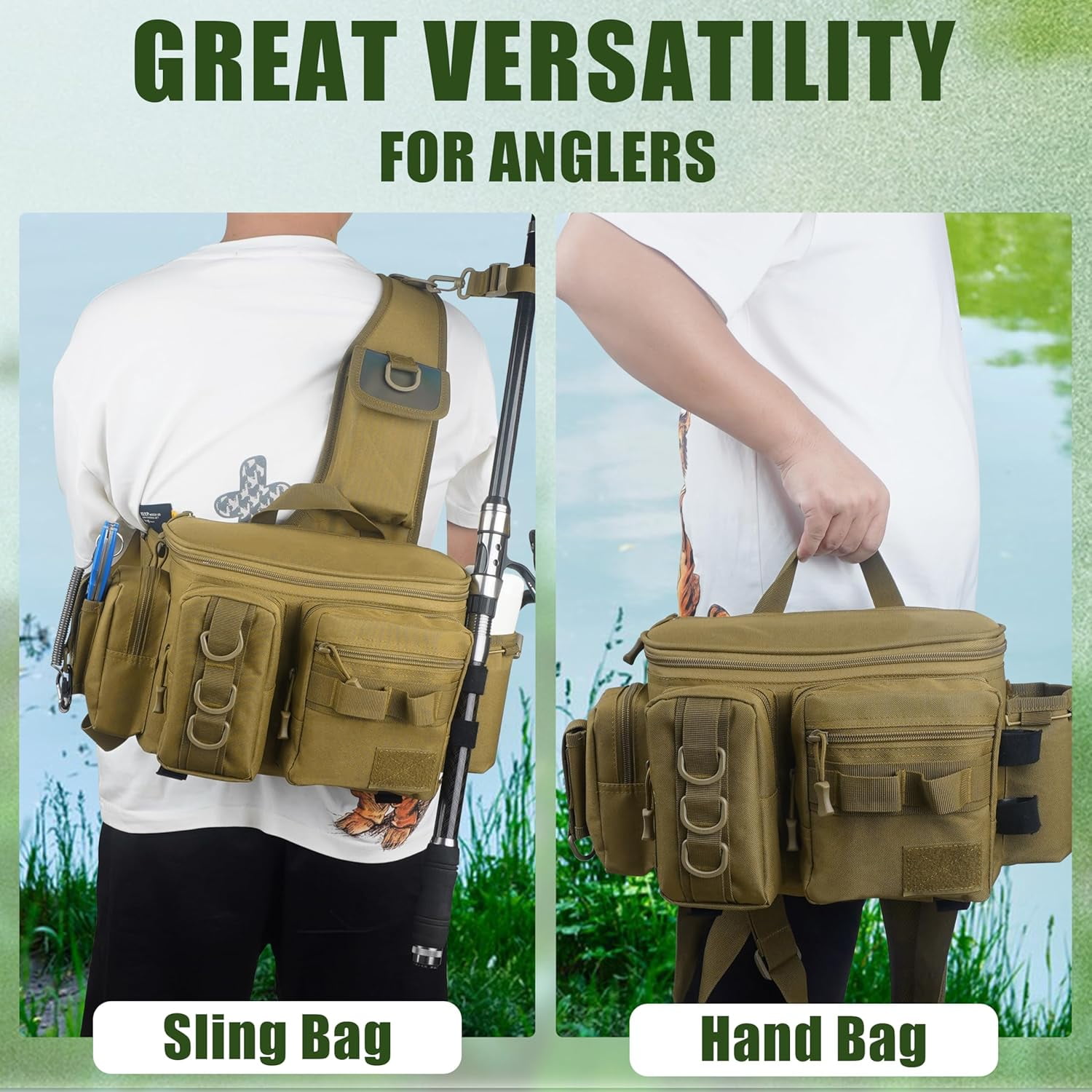 Fishing Tackle Bag with Rod Holder,Fly Fishing Sling Bag Pack Waterproof Cross Body Sling Bag Fishing Panny Pack Waist Bag Backpack Portable Fishing Tackle Box Storage Bag Gift for Men