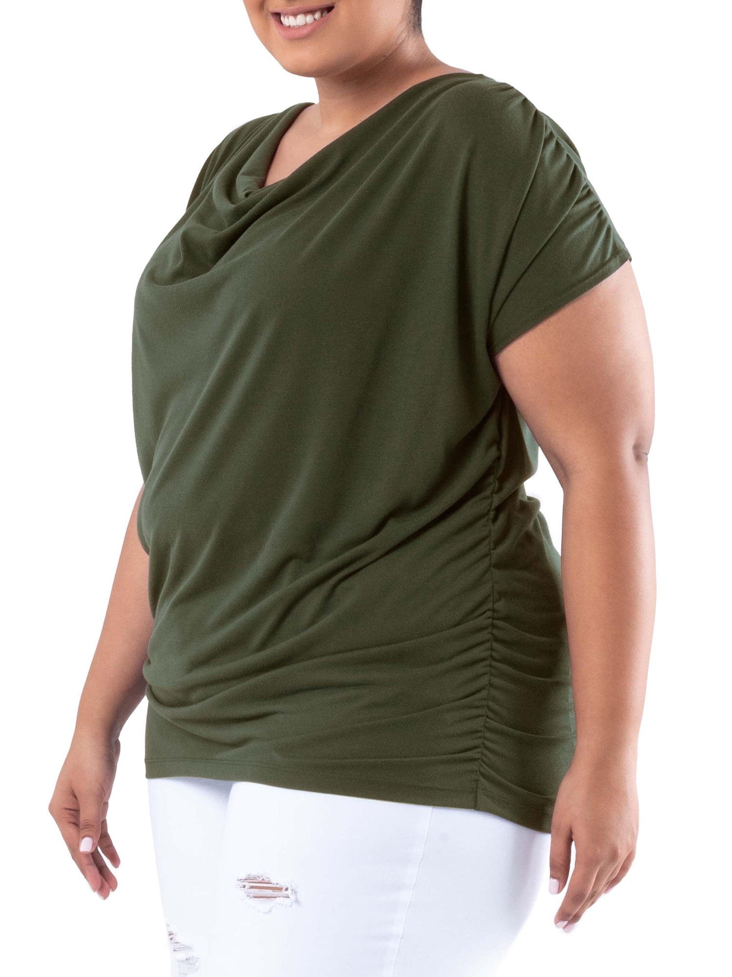 Wright's Women's Plus Size Draped Front Cowl Neck Short Sleeve Blouse Top, Size 1X-5X