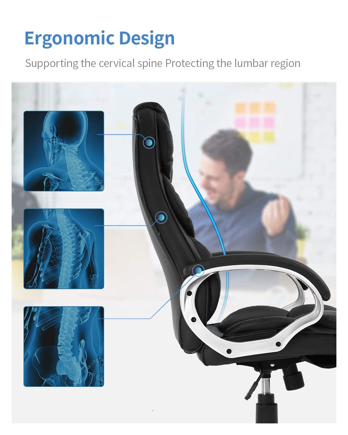 FDW Black Ergonomic Office Chair - PU Leather w/Lumbar Support & Armrests