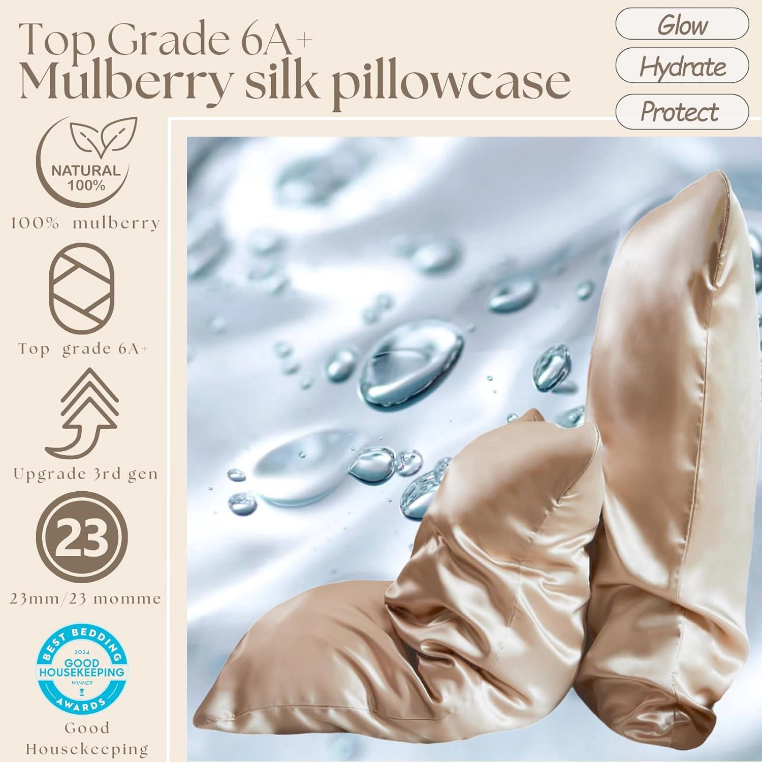 PROMEED Hyaluronic Acid Silk Pillowcase 100% Mulberry, Ultra-Hydrating 23 Momme Silk Pillow Case for Hair and Skin, Grade 6A+, Lock in Moisture Overnight (Champagne, Queen-20 x30)