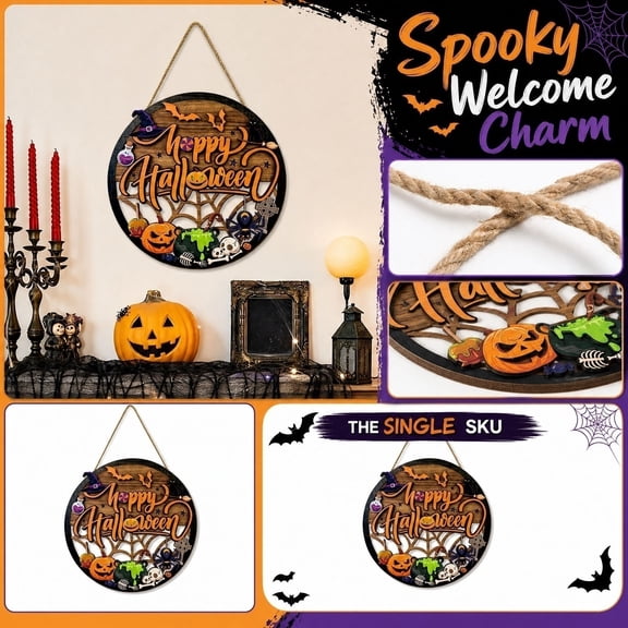 Happy Halloween Wooden Sign, Spooky Door Hanger, Pumpkin Witch Decor, Halloween Ornament for Front Door, Porch, Wall, Window, Indoor Outdoor Party Decoration