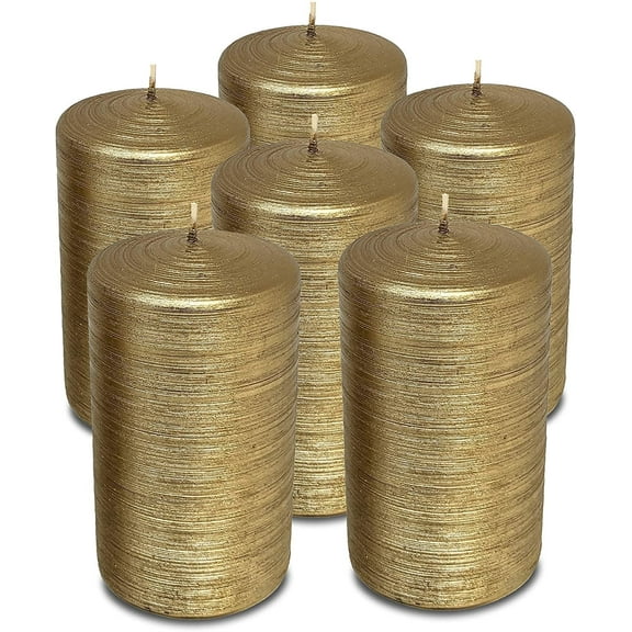 Hyoola, 2.75 x 5 Unscented Antique Gold Brushed Metallic Rustic Pillar Candles, Paraffin Wax with Cotton Wicks, 6-Pack