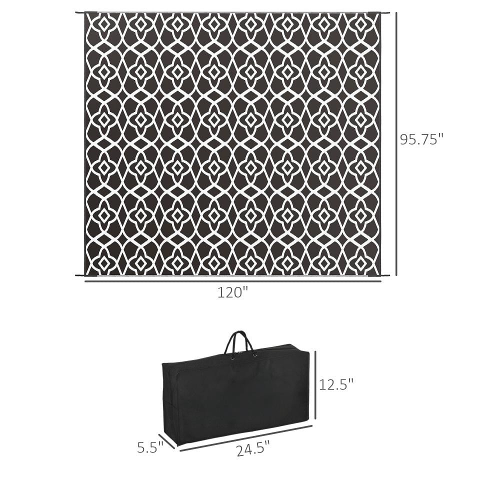 Black and White Clover Reversible Outdoor Rug, Waterproof Portable RV Camping Carpet, Foldable Fade‑Resistant Patio Mat with Carry Bag