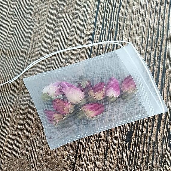 Nvzi Paquete de 100 bolsitas de nailon desechables con filtro y cordón para té suelto, hierbas y mucho más (6 x 7 cm [2,4 x 2,8 pulgadas])