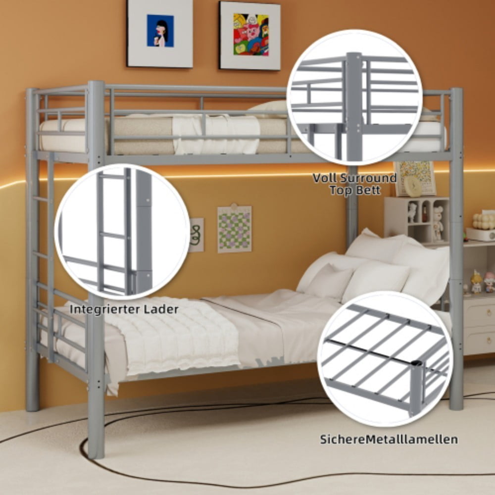 Twin Metal Bunk Bed, Convertible & Detachable into 2 Twin Beds, Heavy-Duty Iron Frame, 400 lbs Capacity, Guardrails & Ladder, Silver