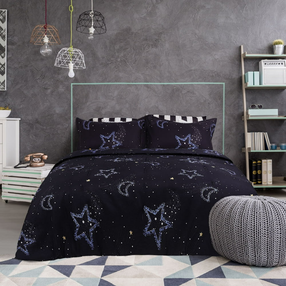3Piece Star Bedding Comforter and Sham Set Polyester Queen Blue