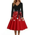 thumbnail image 4 of Women's Christmas Print Flare Dress with Snowflake, Christmas Tree and Snowman Pattern, Long Sleeve V-Neck Vintage Party Dress for Holiday Festive Occasions,Red,Size L, 4 of 4