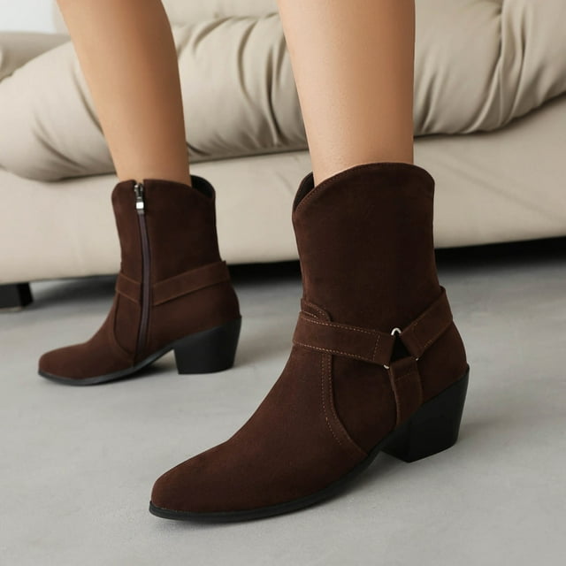 zhenglin Bottes Western pour Femmes - Style Britannique à Talon Bas pour l'Automne et l'Hiver
