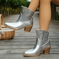 thumbnail image 2 of Rokment Metallic Wide Calf Boots for Women 2025 Fall Winter Fashion Leather Pointed Toe Chunky Stackable High Heel Cowboy Cowgirl Short Dress Ankle Booties Silver Size 8.5, 2 of 7