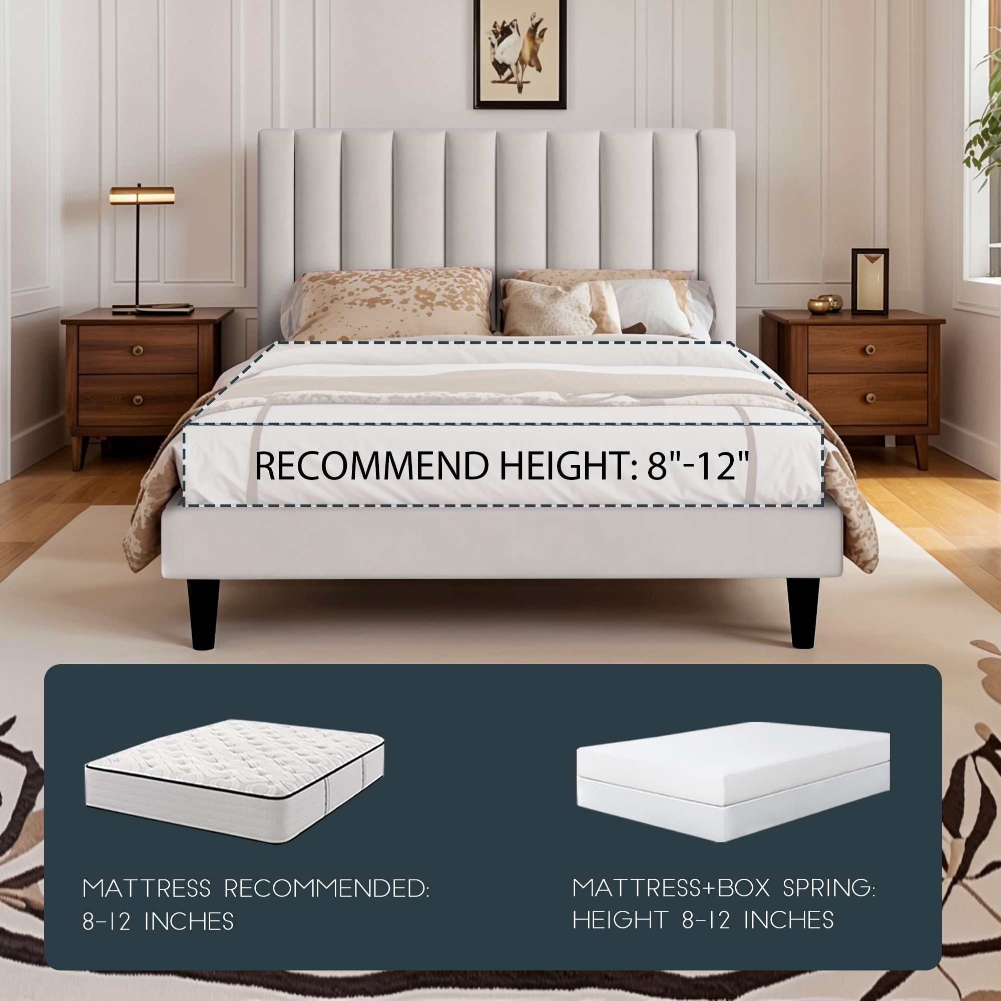 Einfach Queen Size Platform Bed Frame with Upholstered Velvet Vertical Headboard, White