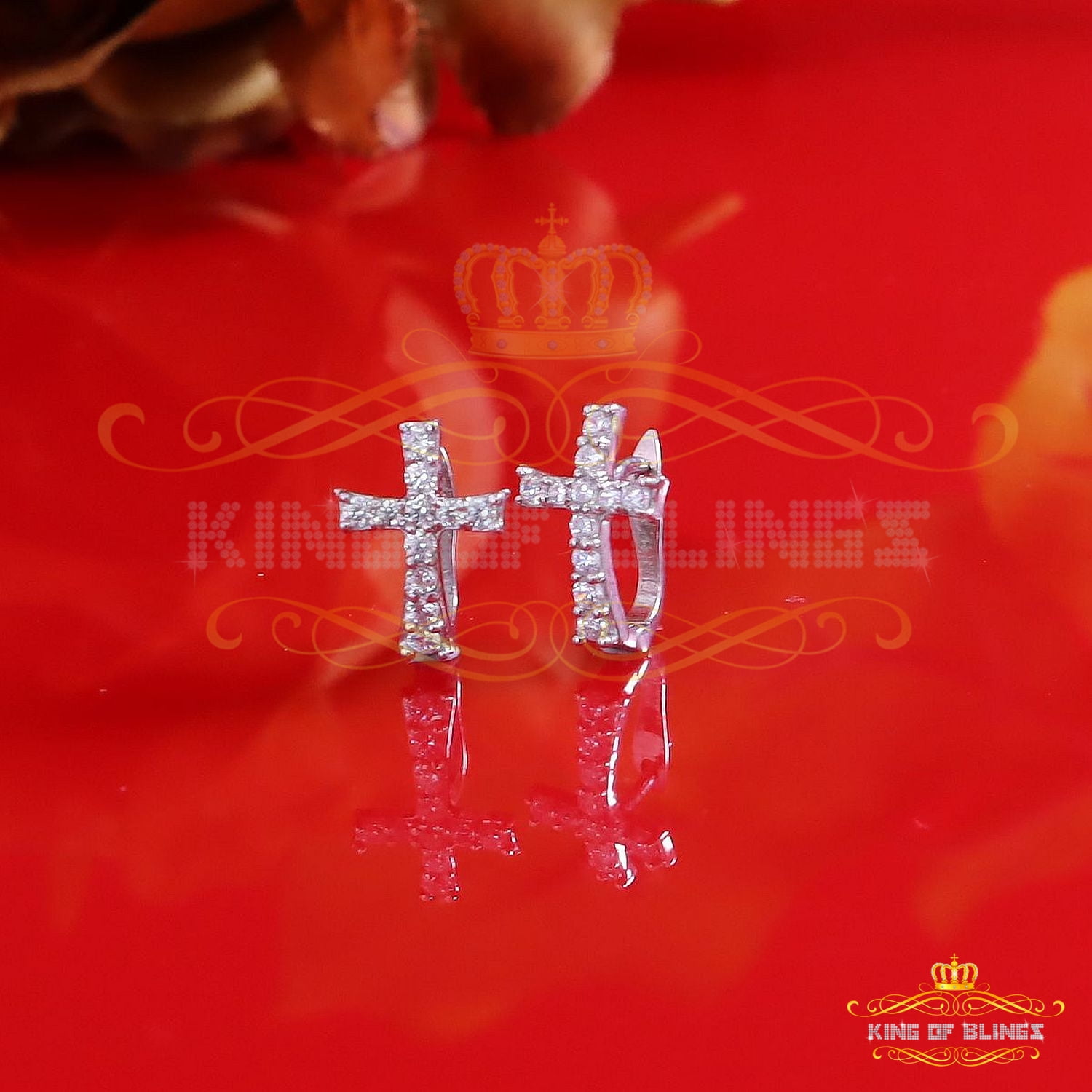 King of Bling's 925 Silver Round Shape White Hip Hop Cross Stud Earrings 22 Moissanite Men/Women