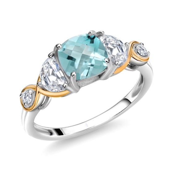 Gem Stone King 925 Silver and 10K Yellow Gold 3-Stone Ring Cushion Topaz Half Moon Moissanite and Lab Grown Diamond (1.76 Carat Cttw, Size 6)