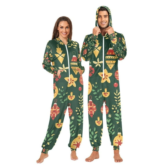 Christmas Leaves Adult Onesie Pajamas Slim Fit Christmas One Piece Suit Pjs for Women and Men Hooded Zipper