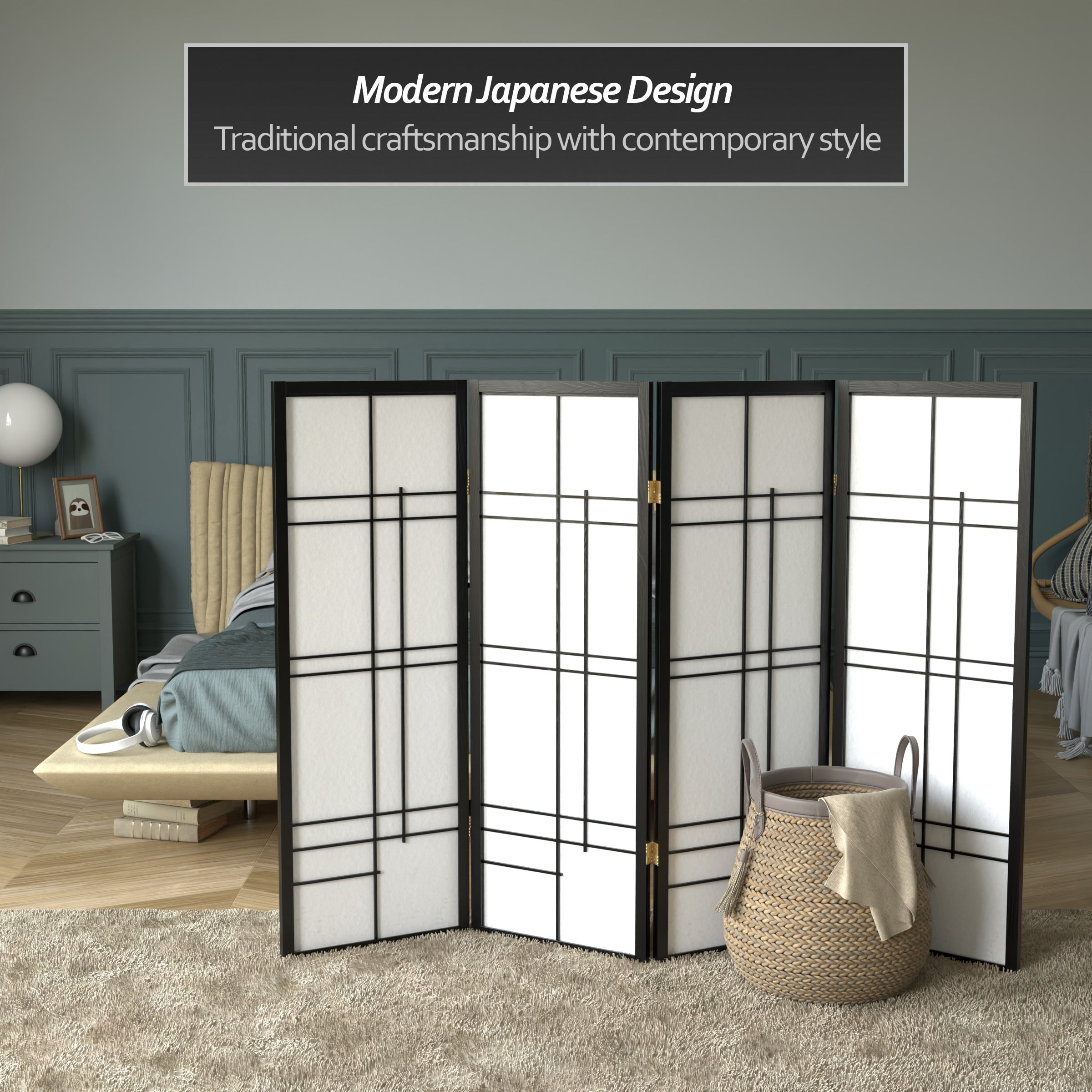 4 ft. Tall Japanese Style Eudes Lattice Folding Screen - Black - 4 Panels