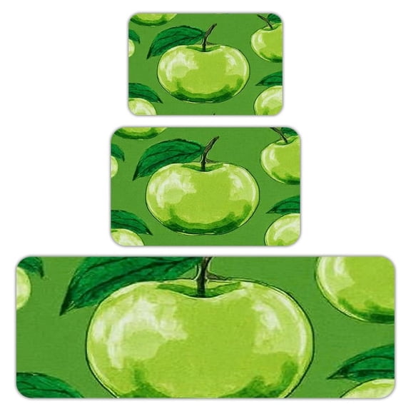 RKSupls Kitchen Rug Set 3 Piece Anti-Slip Flannel Floor Mats, Green Apple Fruit Washable Absorbent Runner Mats for Kitchen Bathroom Home Decor