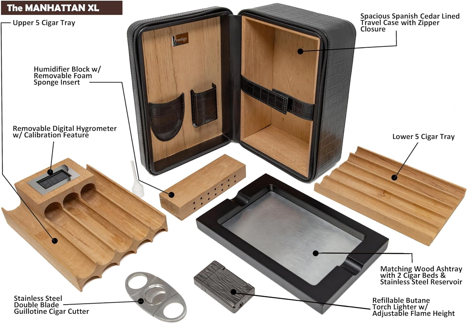 Prestige Import Group Manhattan XL Travel Cigar Humidor Case Set (Hygrometer, Ashtry, Cutter, Lighter, Humidifier) - Black