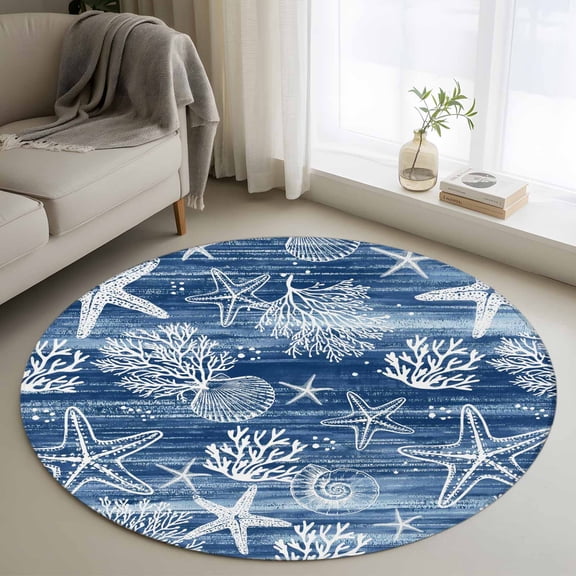 Small Round Rug 3Ft Washable Non-Slip, Navy Blue Coastal Circle Area Rugs for Living Room Bedroom, Summer Beach Nautical Starfish Coral Vintage Indoor Floor Mats Carpet Runner for Home Decor