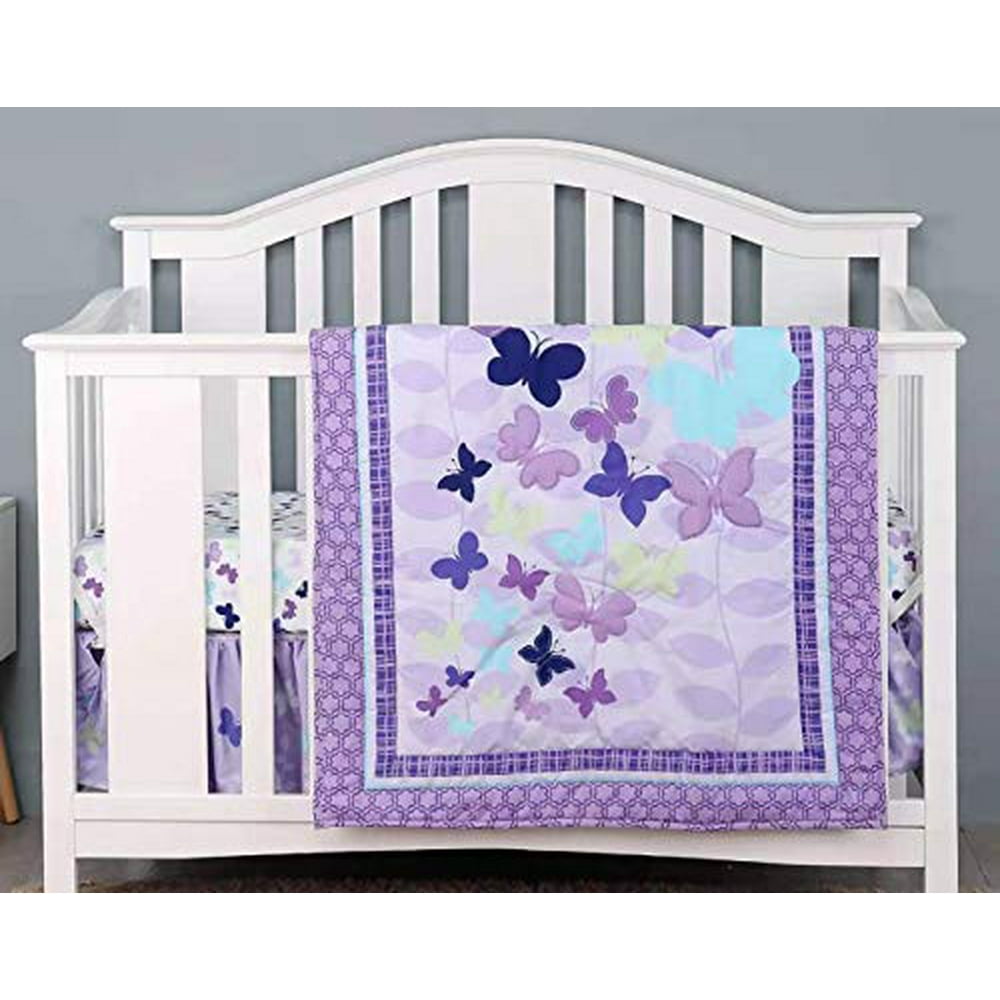 Sweet Baba Luxury 4 Piece Butterfly Crib Bedding Set,Purple Crib Set