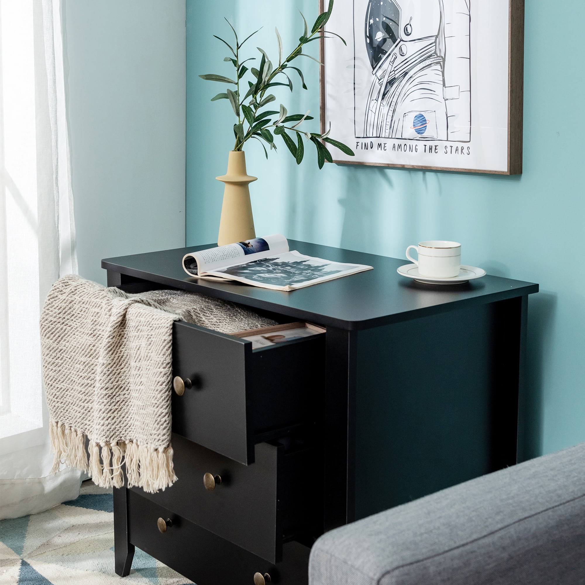Gymax 3 Drawer Dresser Chest of Drawers Bedside Table for Living Room Bedroom Black