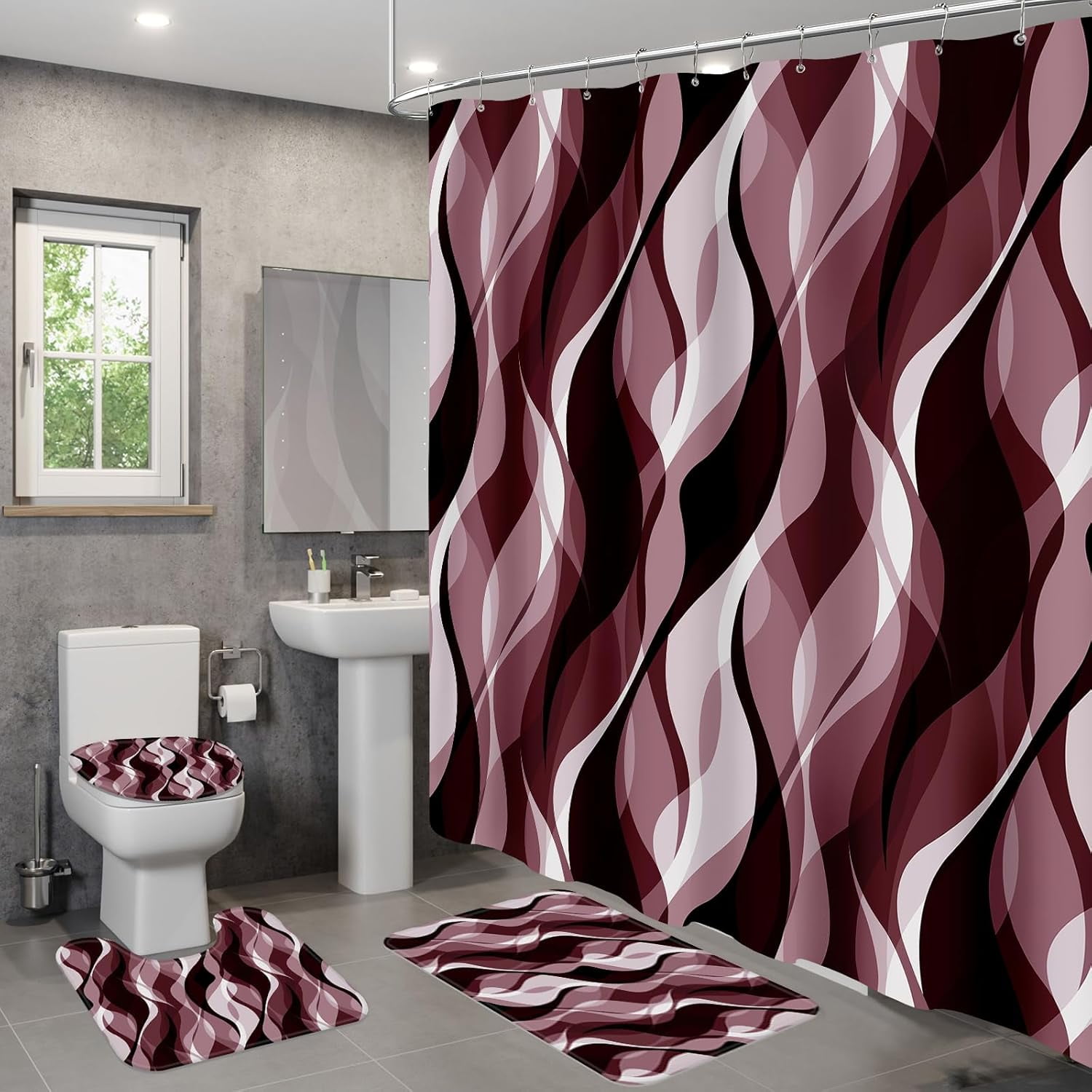 4PCS Navy Blue Bathroom Sets with Shower Curtain and Rugs, Abstract Striped Shower Curtain Sets with Rugs, Modern Luxury Bathroom Curtains Shower Set Accessories