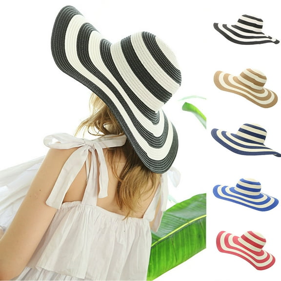 Visland Women's Beachwear Sun Hat Stripe Striped Straw Hat Floppy Beach Hat Foldable Wide Brim Cap for Summer