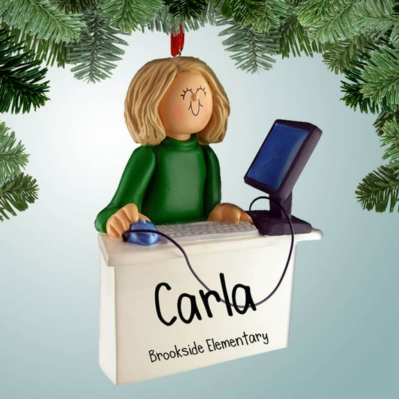 Personalized Computer Worker Female - Blonde Hair Christmas Ornament - Secretary - Business - Desk