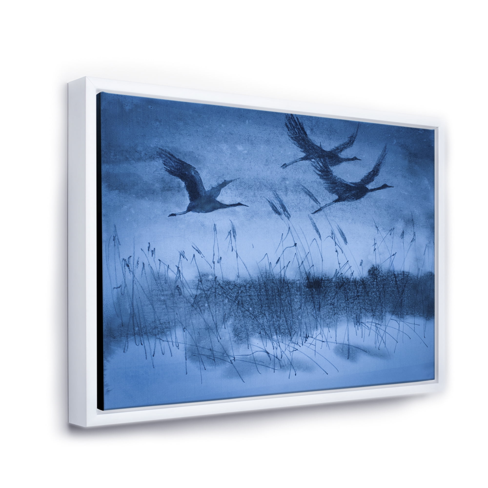 Designart 'Cranes In Flight During Blue Evening Light' Traditional Framed Canvas Wall Art Print