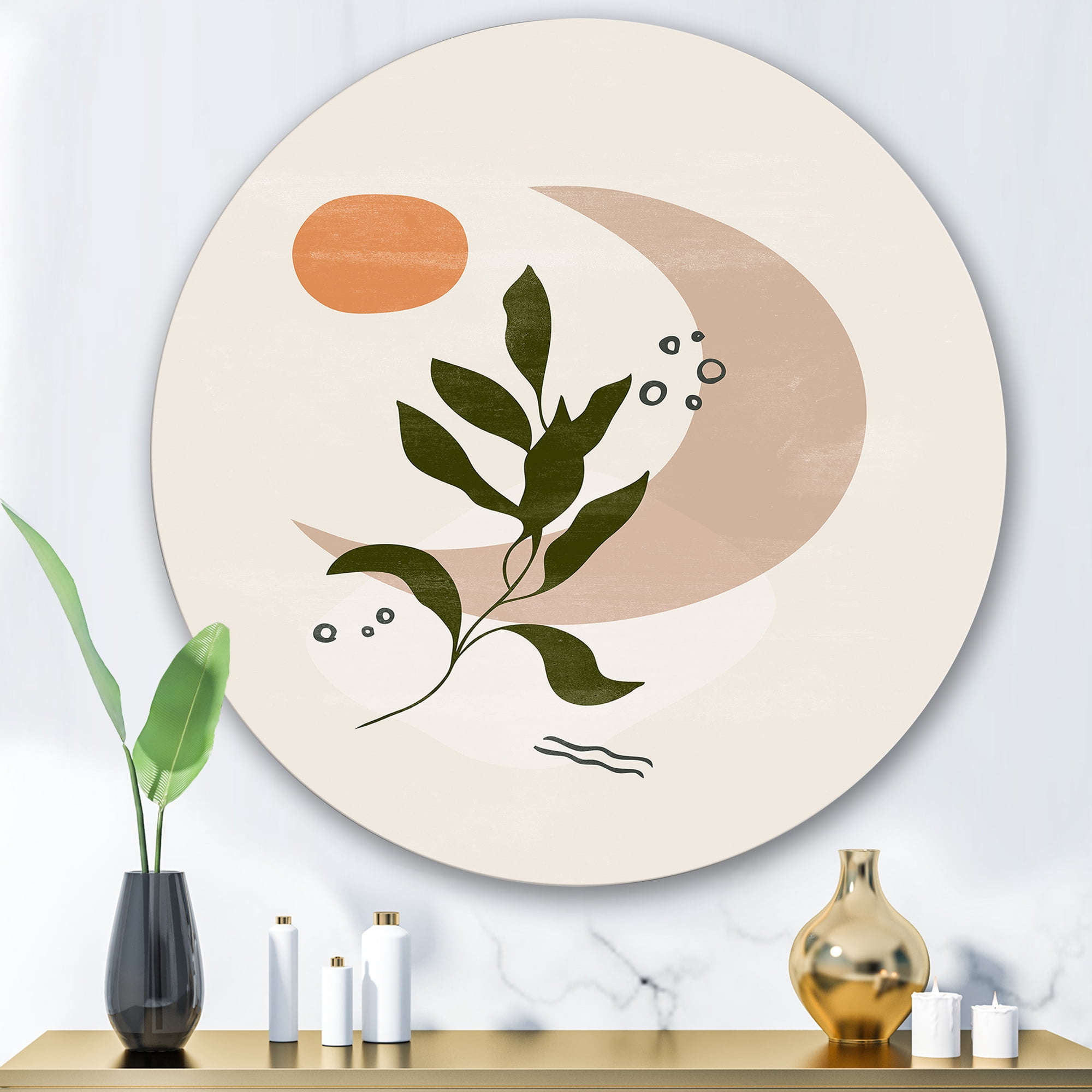 Designart 'Abstract Geometrical Leaf With Moon I' Modern Circle Metal Wall Art 29x29 - Disc of 29