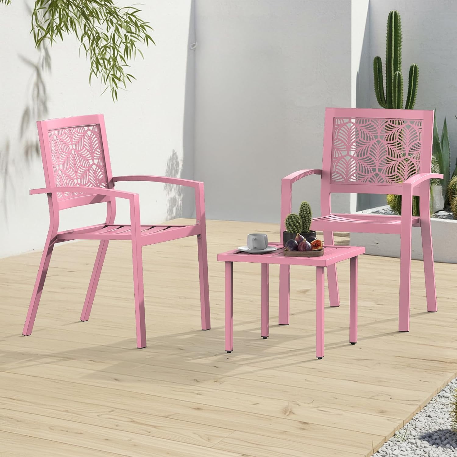 3 Piece Patio Bistro Set, Outdoor Steel Furniture Set, Stackable Modern Conversation Sets for Balcony Garden Deck Patio w/2 Chairs 1 Table, Pink