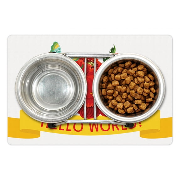 Hello World Pet Mat for Food and Water, Hello World Lettering on a Ribbon Blossom Spring Flowers and Butterfly, Non-Slip Rubber Mat for Dogs and Cats, 18" X 12", by Ambesonne