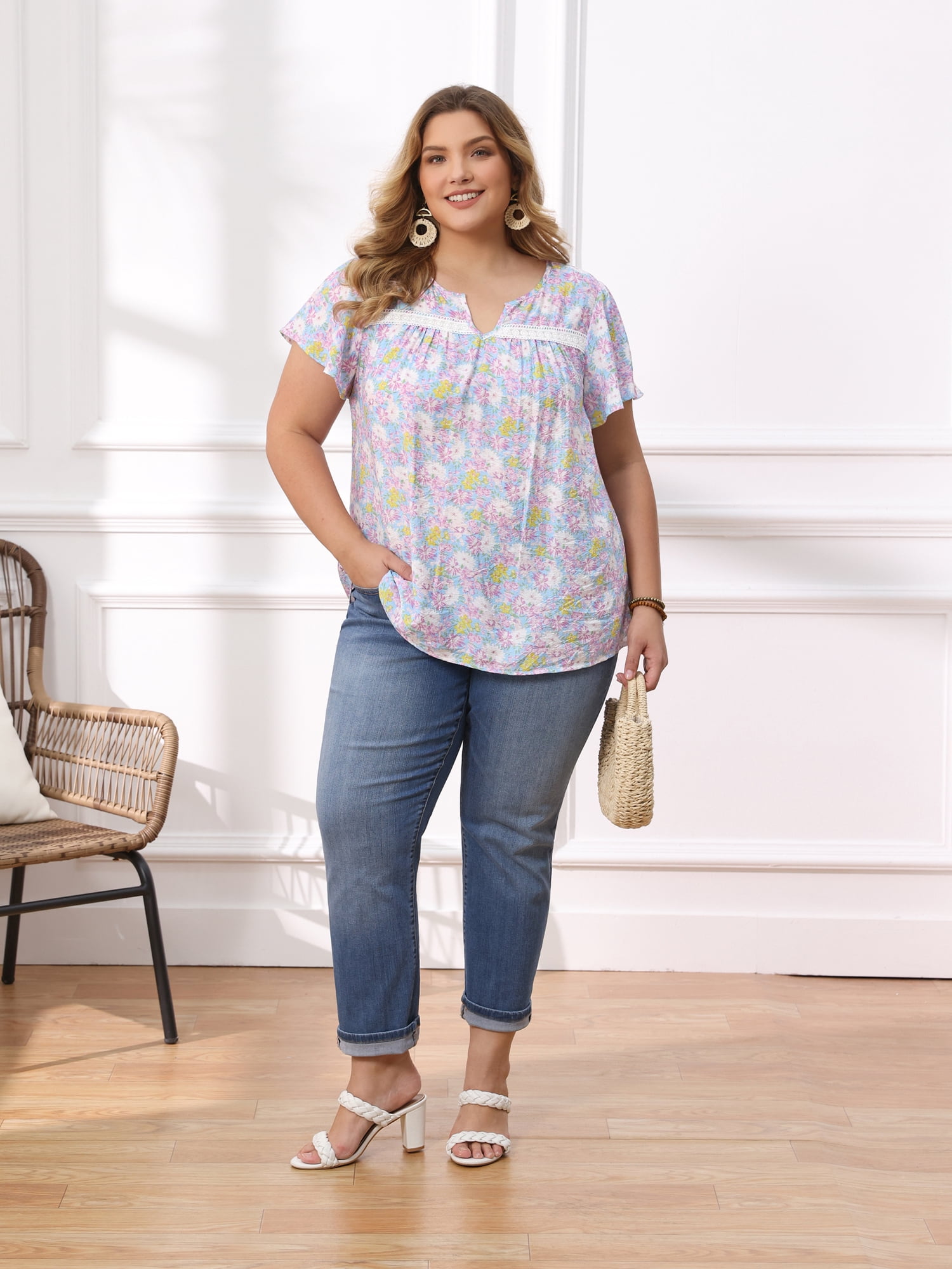DARING DIVA Women's Plus Notch V Neck Ruffle Sleeve Floral Top 1X Light Purple