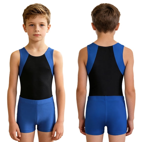 iiniim Boys Gymnastics Leotard Sleeveless Training Unitard Jumpsuit with Shorts Sets 6-16 A Blue 12