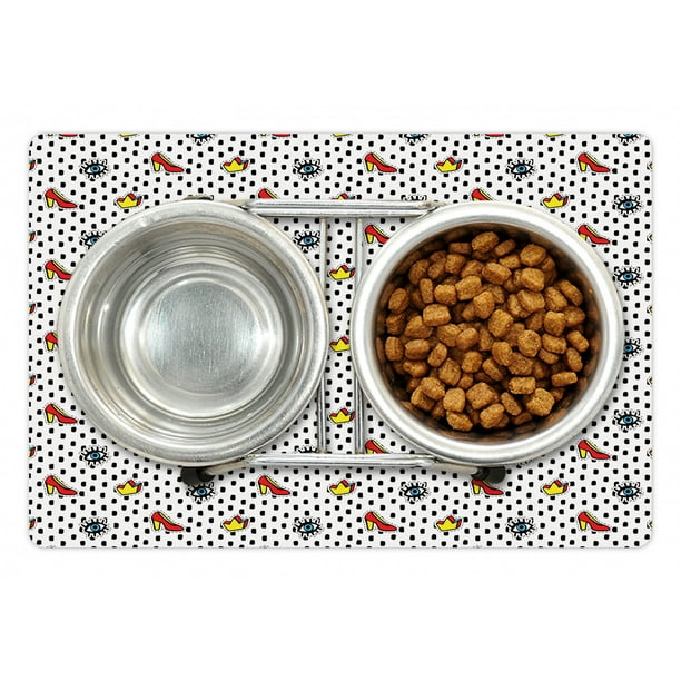 Retro Pet Mat for Food and Water, Blue Eyes Crowns and Women's Shoes Doodle in Cartoon Pop Art 80s 90s Style, Non-Slip Rubber Mat for Dogs and Cats, 18 Retro Pet Mat for Food and Water, Blue Eyes Crowns and Women's Shoes Doodle in Cartoon Pop Art 80s 90s Style, Non-Slip Rubber Mat for Dogs and Cats, 18