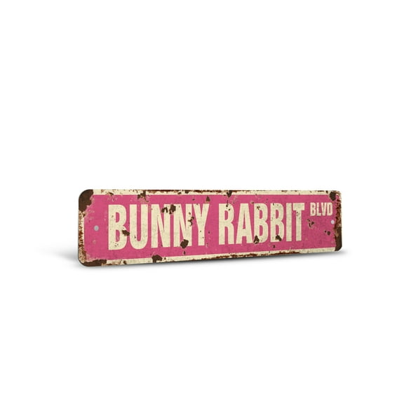 BUNNY RABBIT Vintage Style Rustic Street Sign – Easter White Lover Cage Hare Retro Decorative Wall Sign for Home, Bar, Garage, or Outdoor Use | 6" X 24" Plastic Road Sign