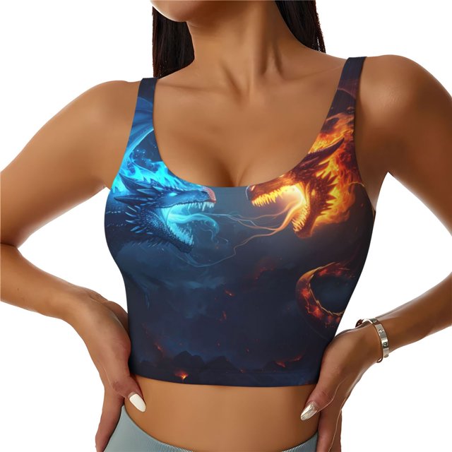 Fotbe Red And Blue Fire Dragon C Sujetador Deportivo Largo sin Aros para Mujer con Almohadillas y Soporte Medio, Transpirable y Absorbente, Camiseta Tipo Chaleco o Tank Top-Medium