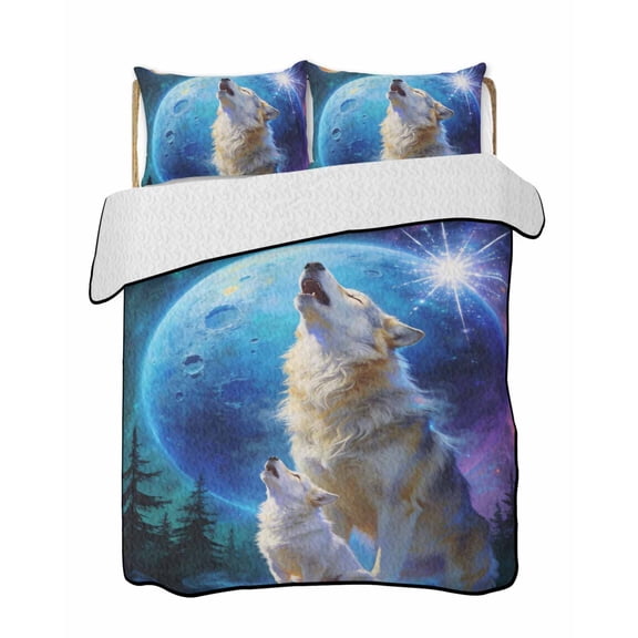 Quilts Queen Size Bedding Set, Abstract Art Wolfs Lightweight Quilted Comforter, Blue Moon Forest Black Soft Reversible Bedspread Coverlet with Pillow Covers for All Season, 90" x 96"