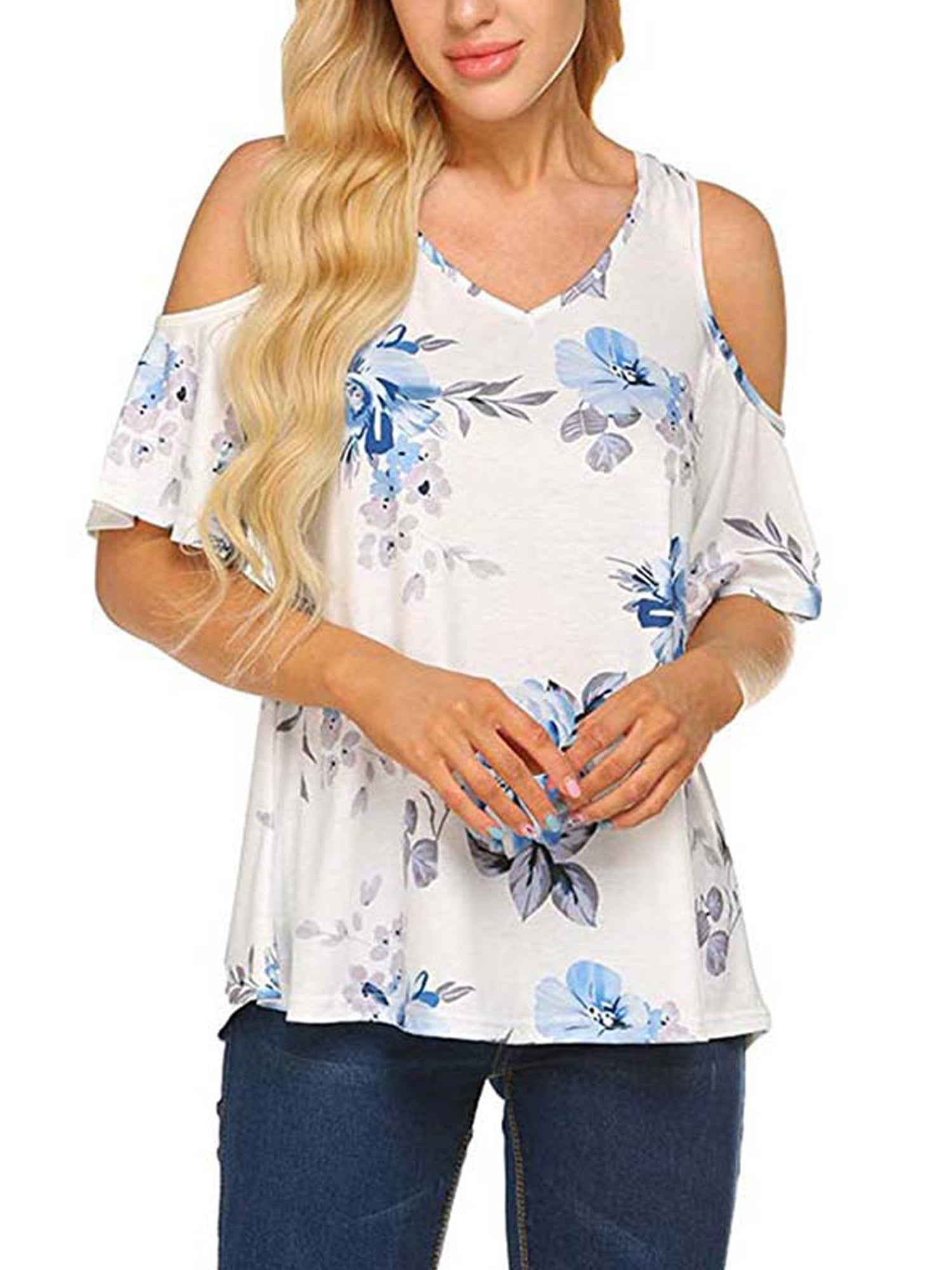 S-XXL Chase Secret Womens Floral Print Cut Out Shoulder Short Sleeve T Shirt Tops Blouse