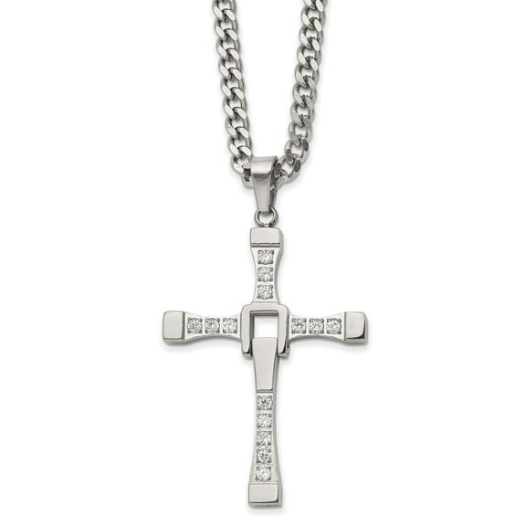 Auriga Fine Jewelry Stainless Steel Polished with CZ Moveable Cross Pendant on a with 2 inch Extension Cable Chain Necklace for Men 22"