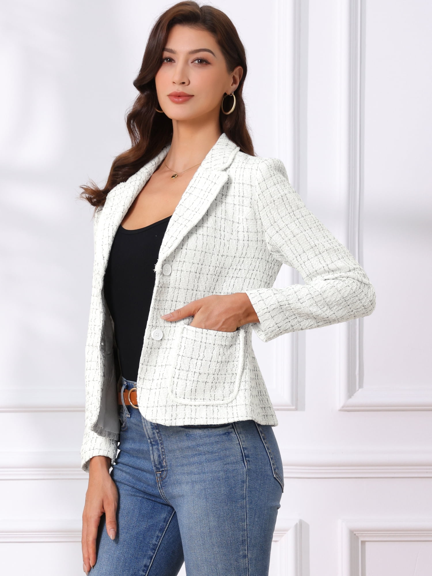 DARING DIVA Women's Notch Lapel Long Sleeve Elegant Business Casual Jacket S Black White