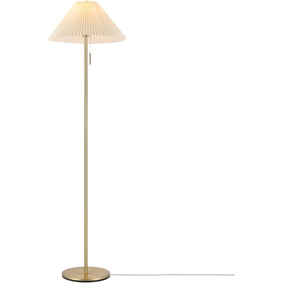 GLOBE Electric 61000176 62" Floor Lamp, Brass Finish, Metal, Pleated Fabric Shade, Flat Base, Pull Chain Switch on Socket, Reading Light, Office Accessories, House Decor