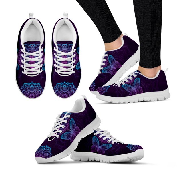 Purple Bohemian Mandala Flower Design Lightweight Outdoor Shoes Butterfly Pattern Comfortable Platform Sneakers