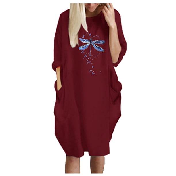 El vestido estampado sexy de bolsillo suelto casual de talla grande de invierno para mujer de la moda Fridja yut546