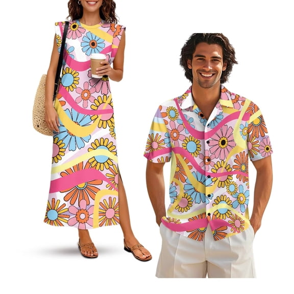 Jeiento Matching Beach Outfits for Couples Retro 70s Flower Power Dress Mens Beach Shirts Summer Dresses for Women Hawaiian Shirt for Men Sleeveless Dress