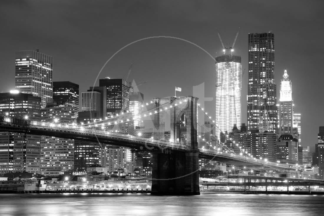 New York City Night Cityscape Art Silk Poster 24X36“ Brooklyn Bridge East River 