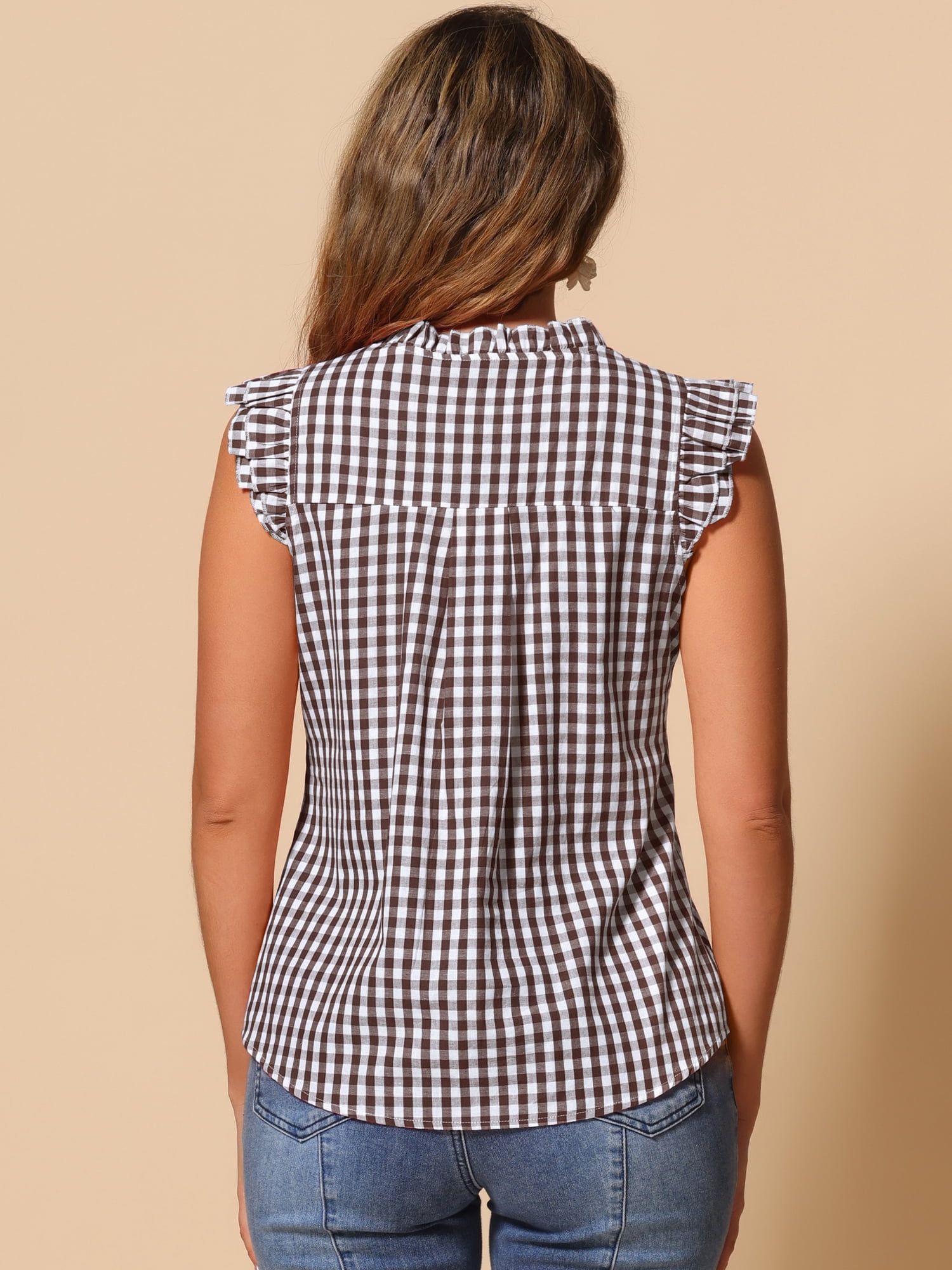 DARING DIVA Women's Cap Sleeve Plaid Gingham Ruffle Blouse M Brown