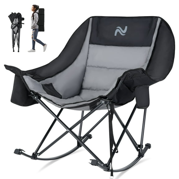 MOPHOTO Oversized Rocking Camping Chair, Full Padded Patio Chair Support 400 lbs, Portable Foldable Outdoor Rocker Chair with Cup Holder, Side Pocket and Carry Bag for Camping, Backyard, Black