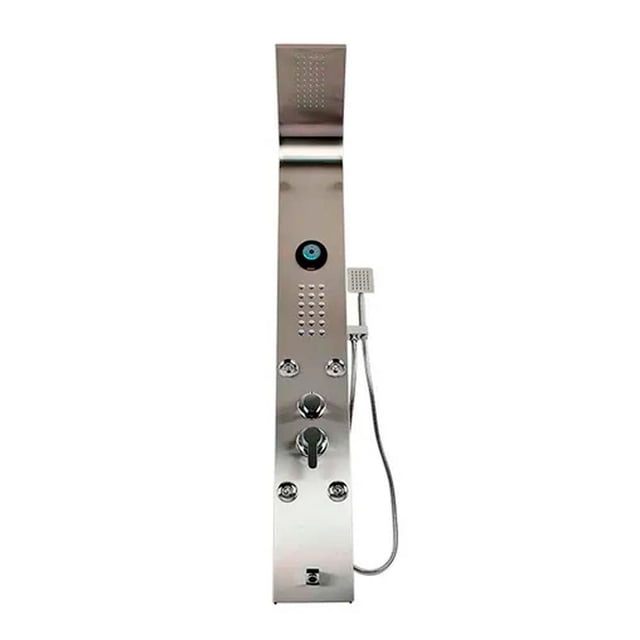 panel de hidromasaje columna regadera bocina bluetooth de ALLAPSA, vista frontal centrada de acero inoxidable plata con regadera superior tipo cascada, jets para masaje de espalda, controles giratorios y maneral movible, regadera de teléfono con manguera flexible y botón azul de bocina Bluetooth recargable; fondo blanco. A menudo usado también para llenar tinas pequeñas o lavar pies.