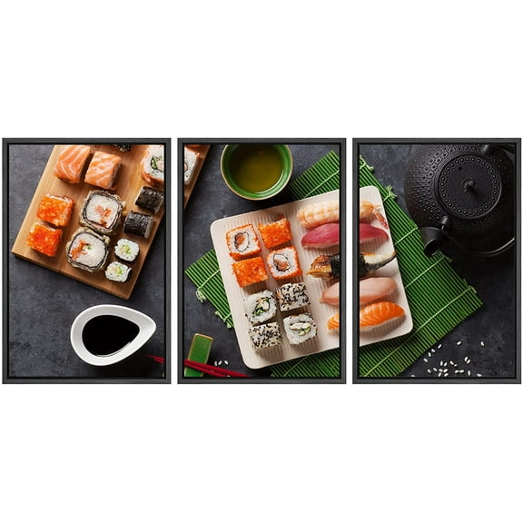 wall26 Framed Canvas Print Wall Art Sushi, Make Roll & Green Tea on Stone Table Food Culinary Photography Realism Decorative Natural Vibrant Diet for Living Room, Bedroom, Office - 24"x36&qu