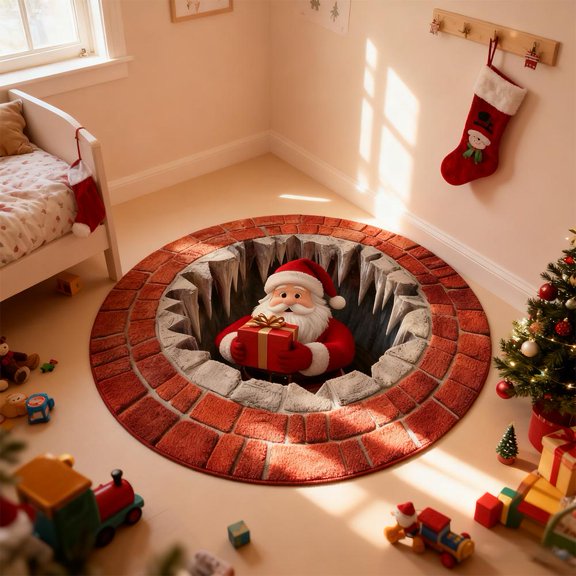 Christmas 3D Optical Illusion Rug, Anti-Slip Santa Indoor Carpet, Holiday Entryway Bedroom Living Room Floor Decor