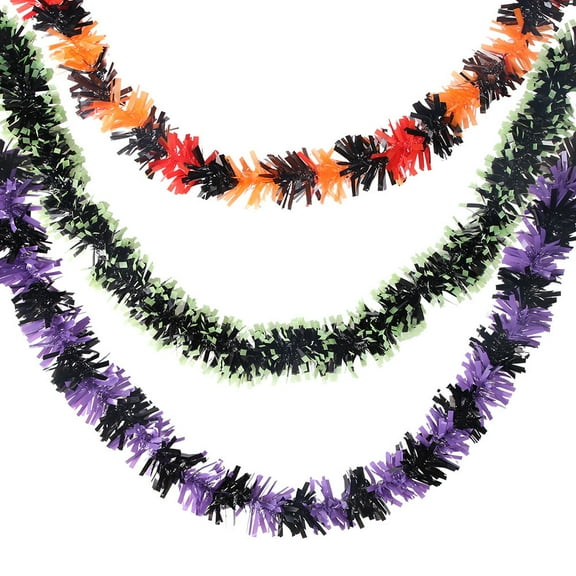 Halloween Ghost Tinsel Garland Green Purple Twist Garland Hanging Decorations for Halloween Holiday Birthday Party Supplies Indoor Outdoor Ornaments Home Decor, 3 Pack